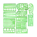 Set of 11 clear green plastic geometric drawing templates with poly zipper envelope