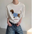 Men's grey cotton t-shirt with embroidered sausage dog design on the chest