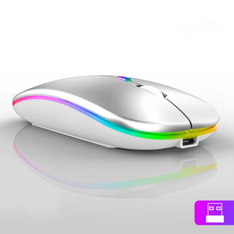 Ultra-thin wireless colourful luminous charging mouse C7002 in black on desk