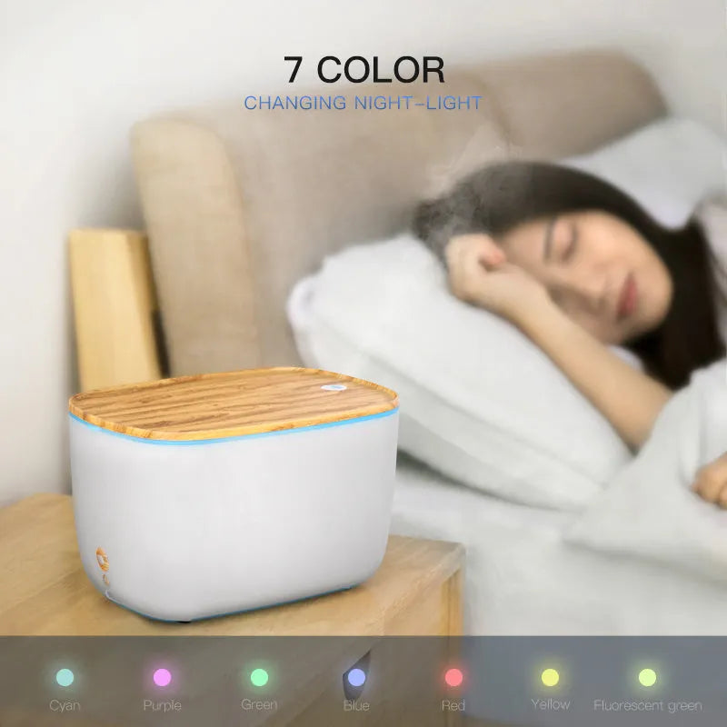 GX-22K white household atomizer humidifier and essential oil diffuser with night light on a wooden table.
