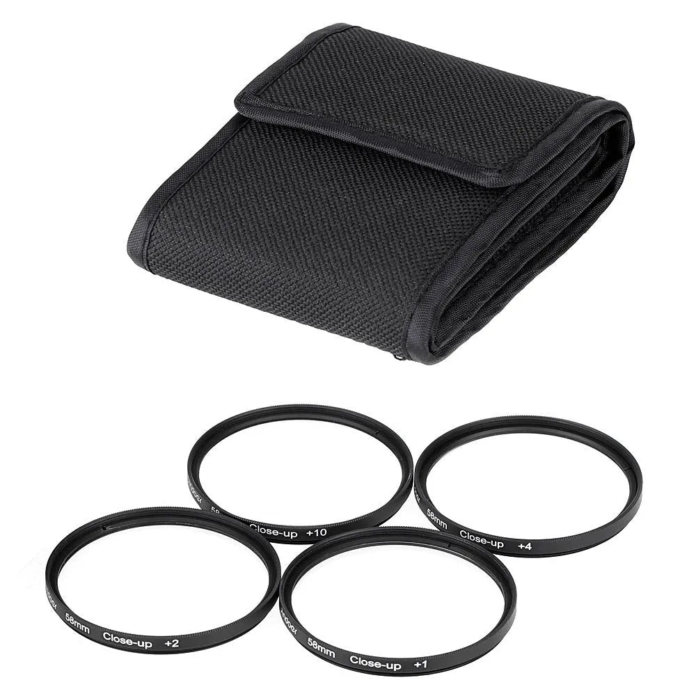 Four-piece close-up lens set for SLR camera with nylon bag, round shape, multiple sizes available