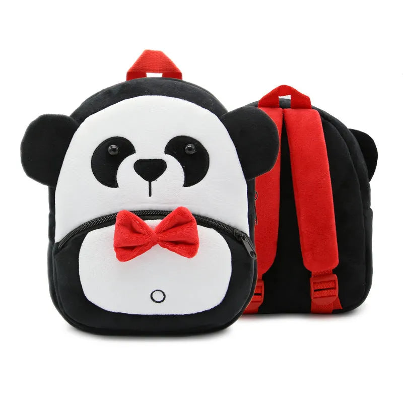 Cute plush animal backpack for children in elephant design, showing front zipper and straps.