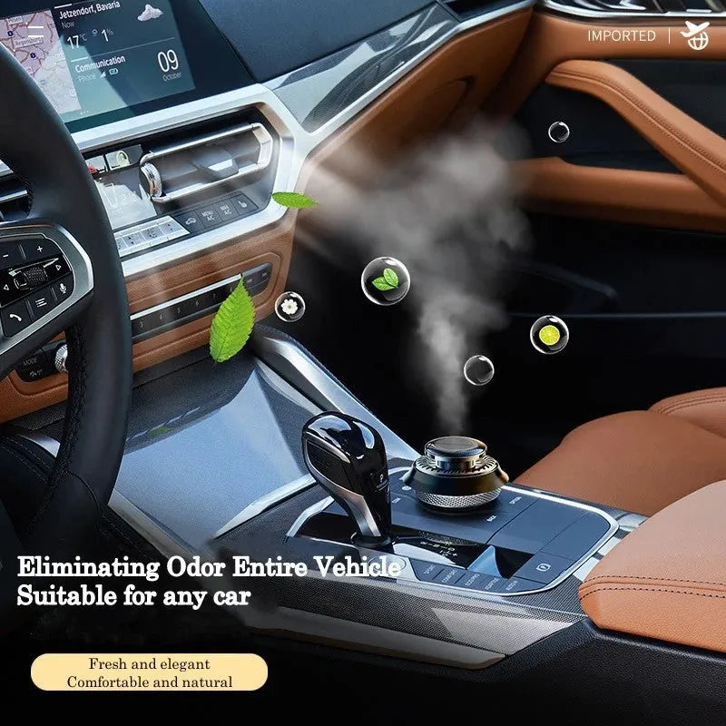 Solar-powered kinetic car air freshener with rotating double rings in black plastic with wood slice accents