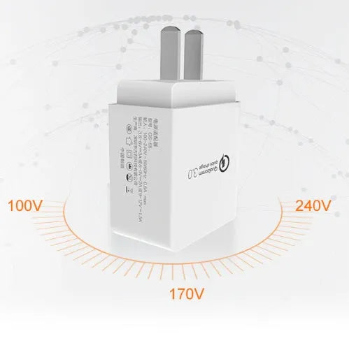 QC3.0 18W fast charge charger US socket white 63x40x22mm with LED indicator.