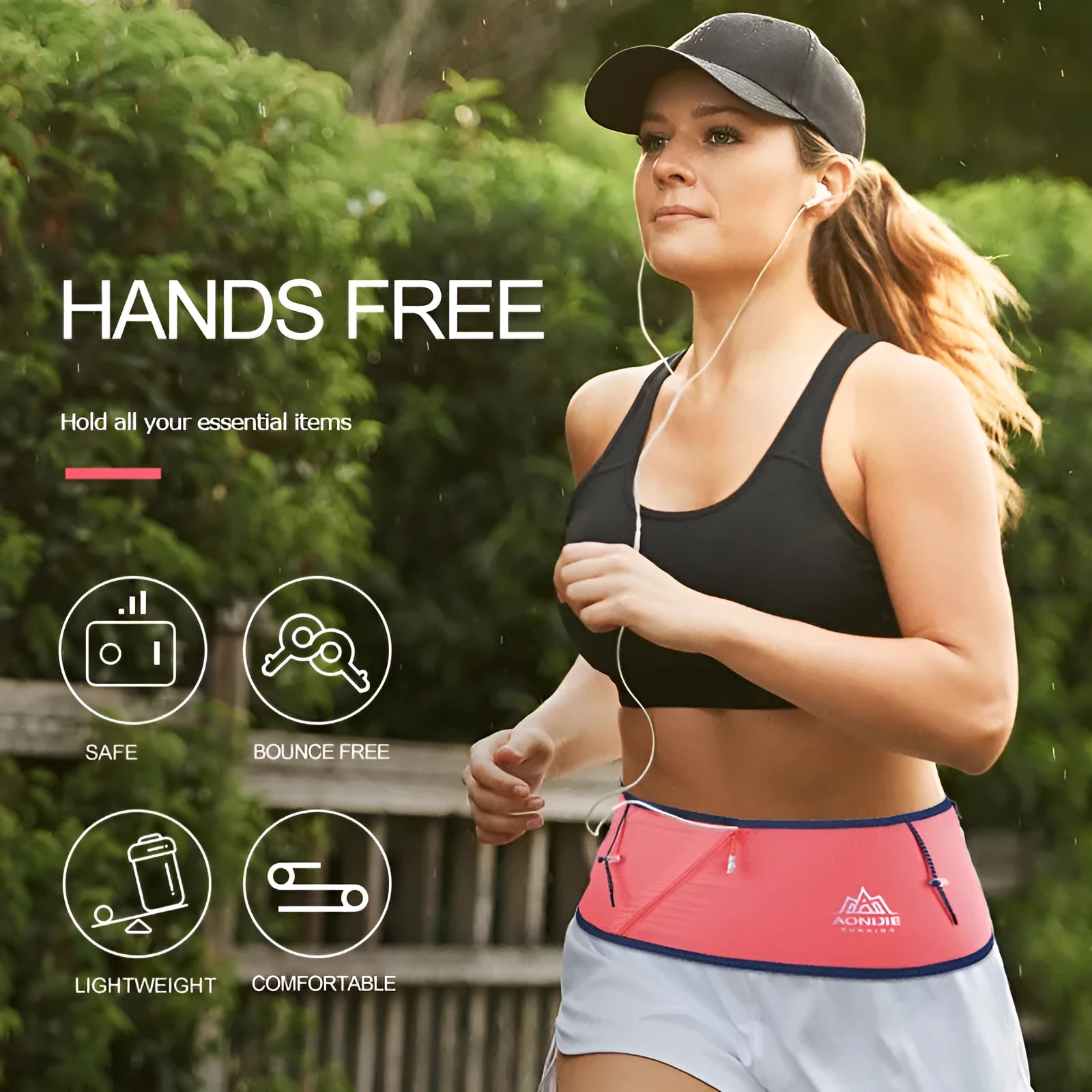 Sports waist bag in black with four-way stretch fabric, nylon and spandex, fits phone and keys