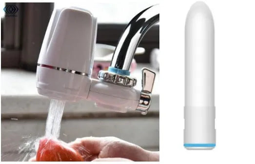 White plastic kitchen tap water filter with ceramic cartridge and universal adapter kit on a counter.