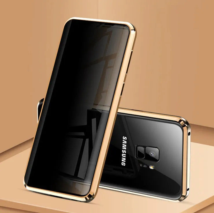 Magnetic anti-peeping phone case for Samsung Galaxy with double-sided glass construction in clamshell design