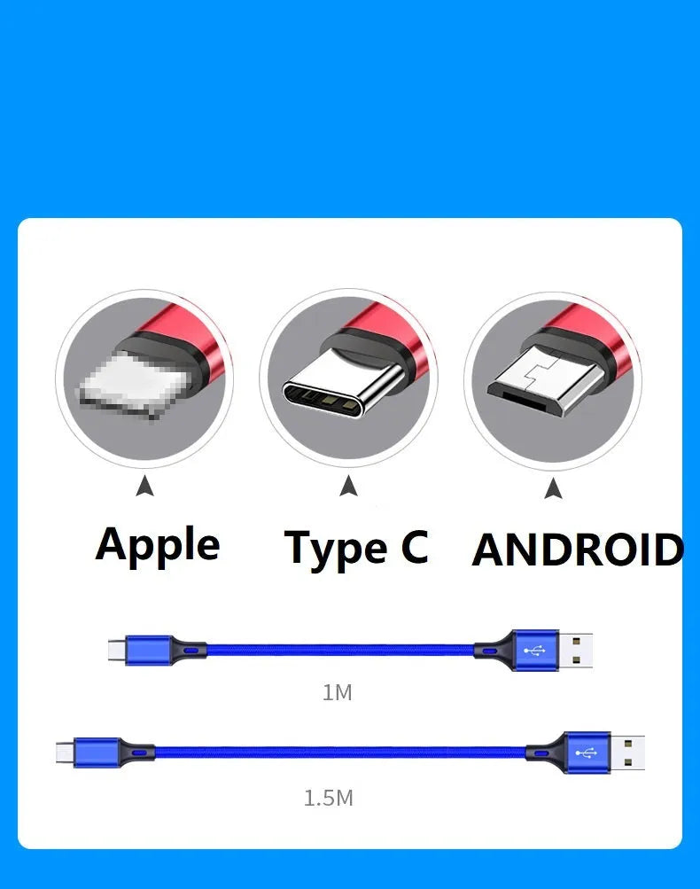 2m mobile phone data cable in multiple colours with USB and TYPE-C connectors