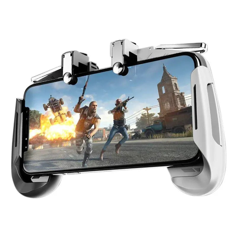 Multifunctional mobile game handle for smartphones in black, blue, and white colour options.