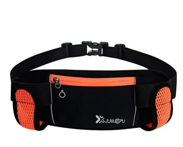 Sports running belt bag in diving material with phone and water bottle storage, black colour