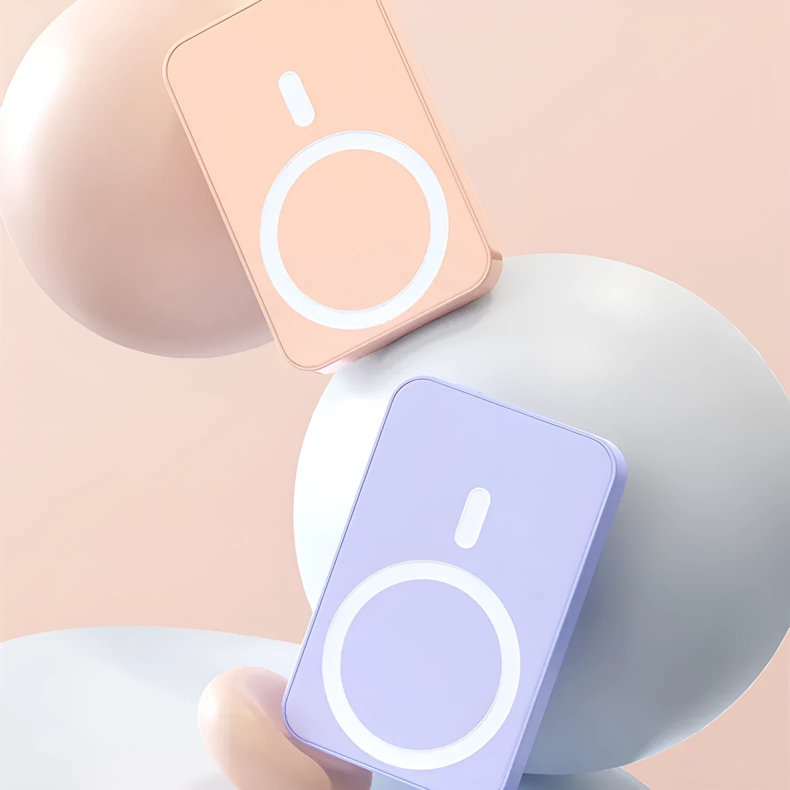 Magnetic wireless power bank in plastic case with 20000mAh capacity showing pink, purple, white colour options