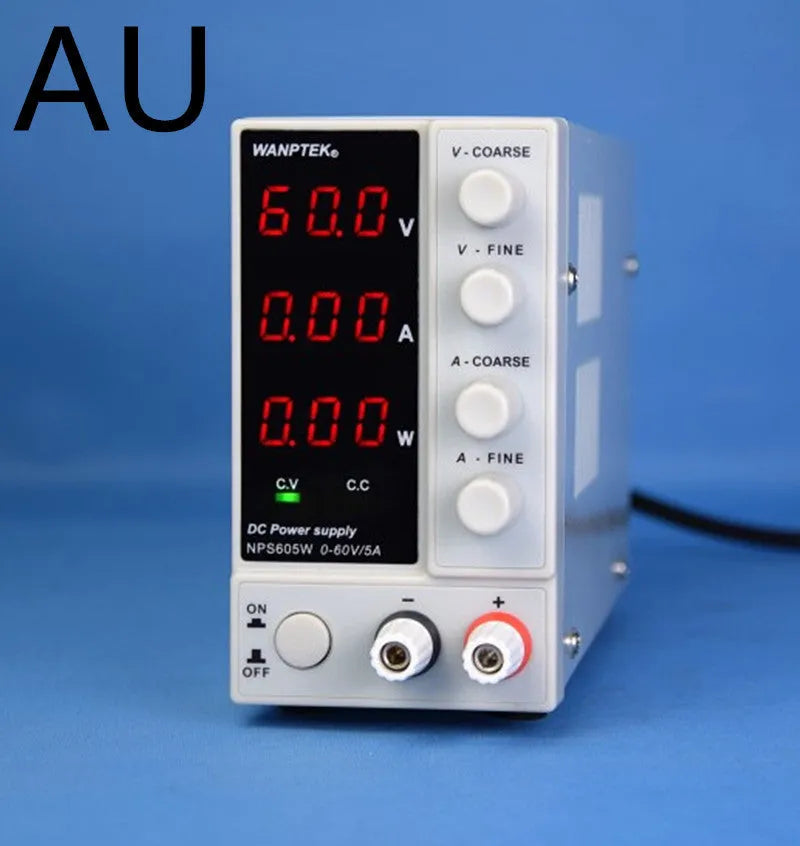 LNPS605W adjustable DC laboratory power supply unit with white casing, voltage and current controls.