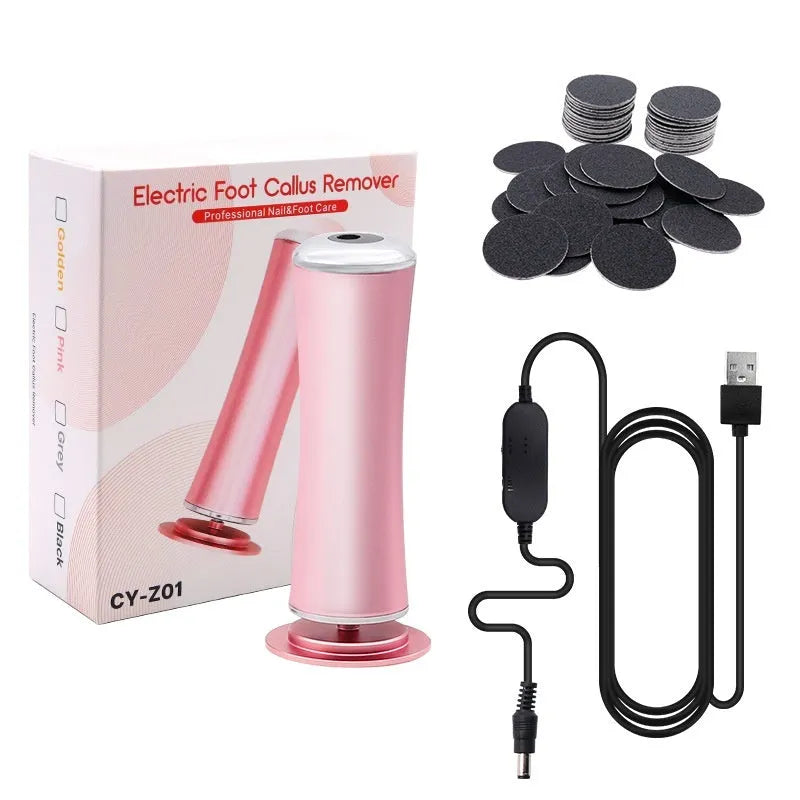 Electric foot callus remover with sandpaper disc attached for removing dead skin and calluses from heels