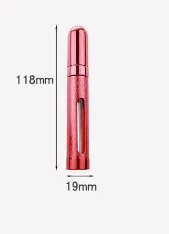 A slim, portable 12ml aluminium perfume bottle with a glass liner in choice of colours including blue, golden, pink, red, silvery, and violet.