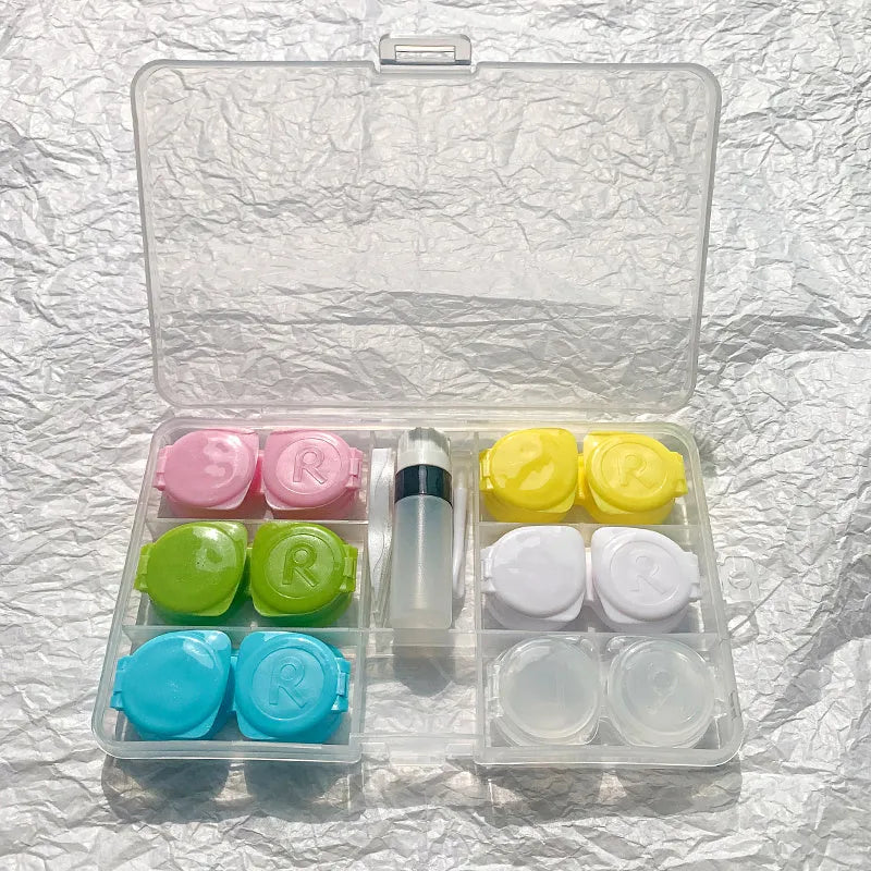 Portable rectangular contact lens case in various colours with a compact design.