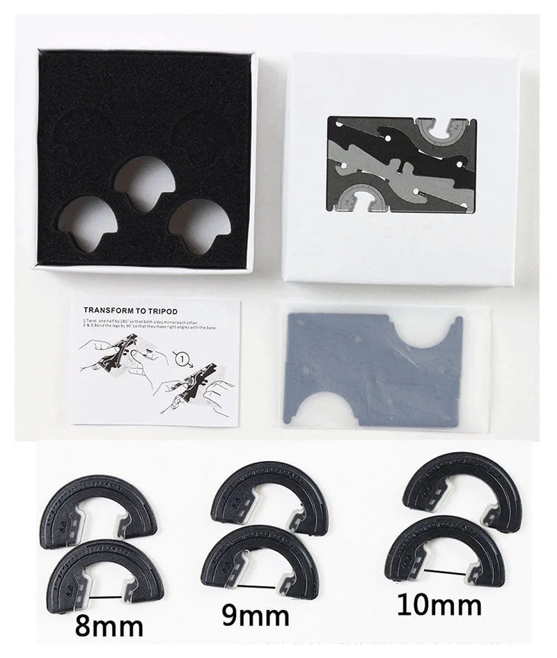 Plastic card type mobile phone holder with lazy bracket in six colour options on desktop