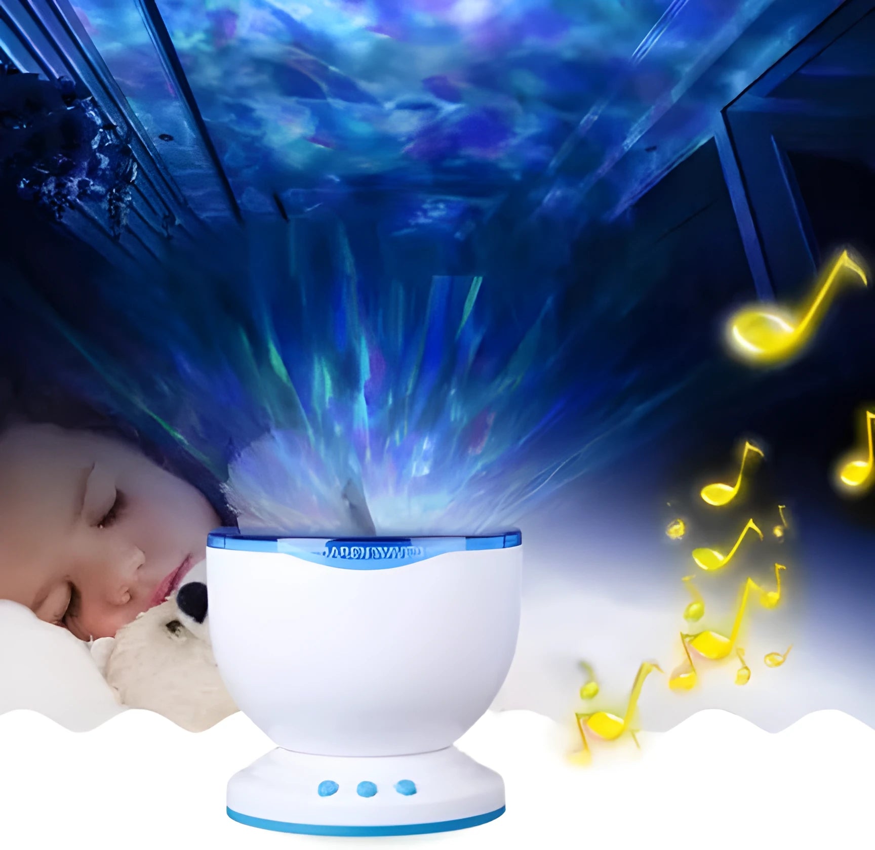 Blue ocean LED projection lamp showing a 2D underwater scene on a wall.