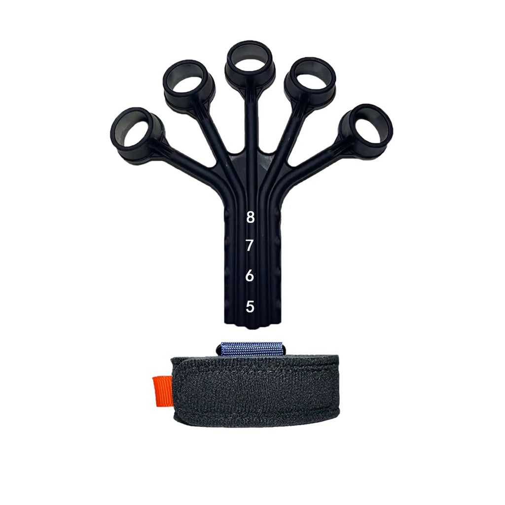 Black and grey silicone finger flexion extension trainer with adjusting belt
