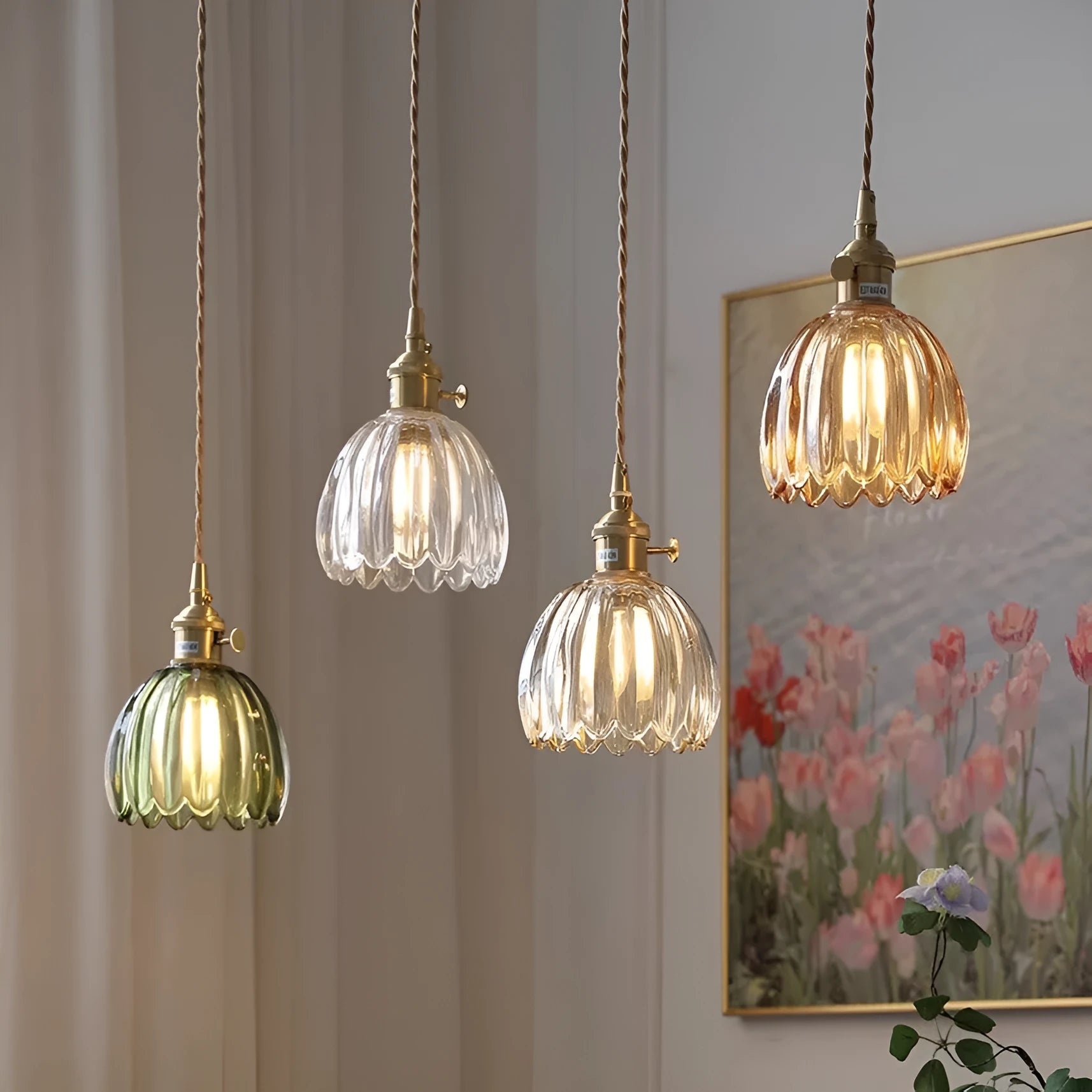 Vintage glass flower chandelier with Nordic design in amber colour for bedroom ceiling mounting