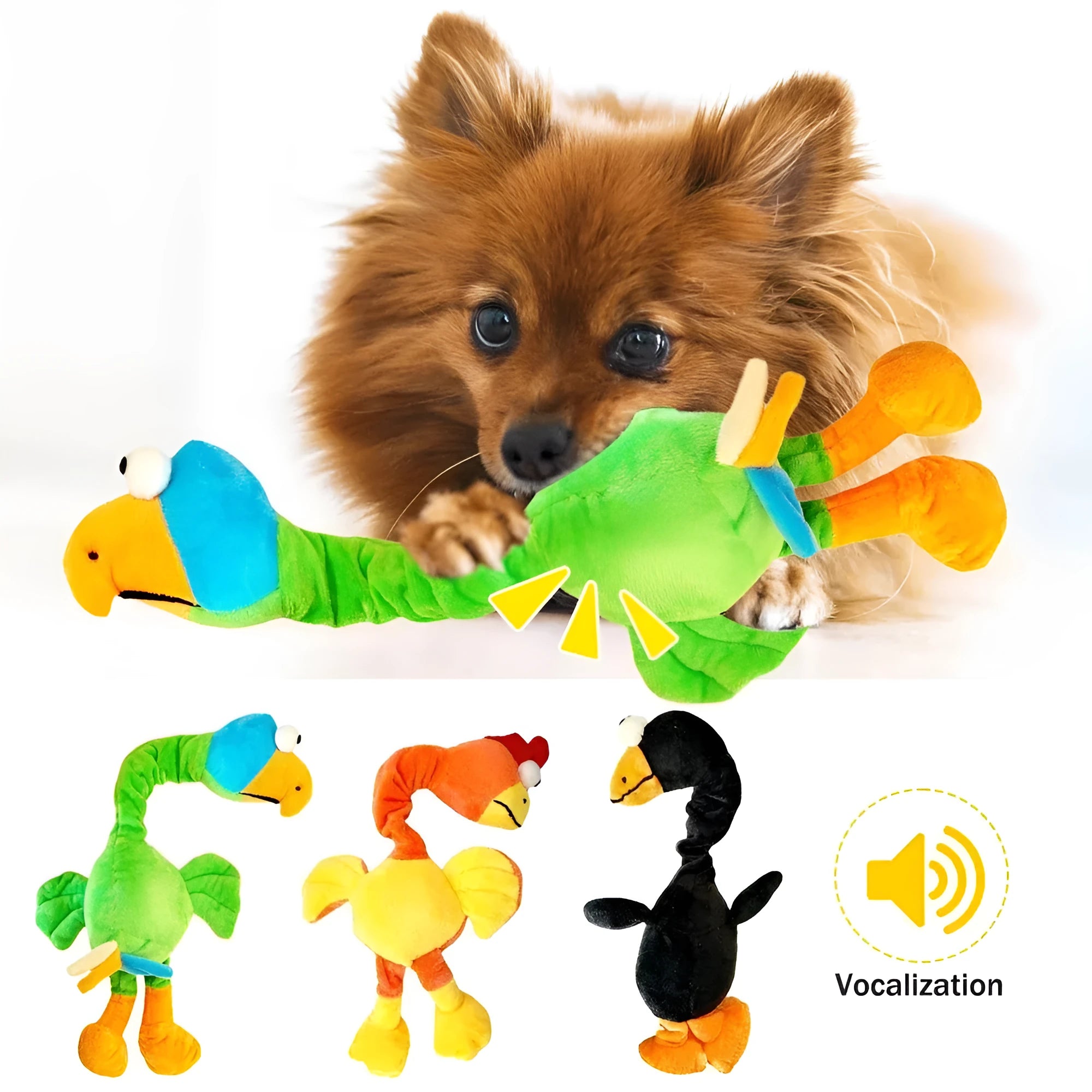 Squeaky screaming chicken dog chew toy in black, green, and orange rubber.