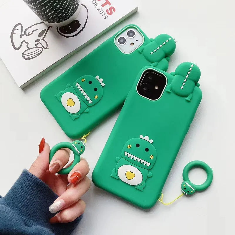 Green silicone iPhone case with cartoon animal design showing waterproof and drop protection features