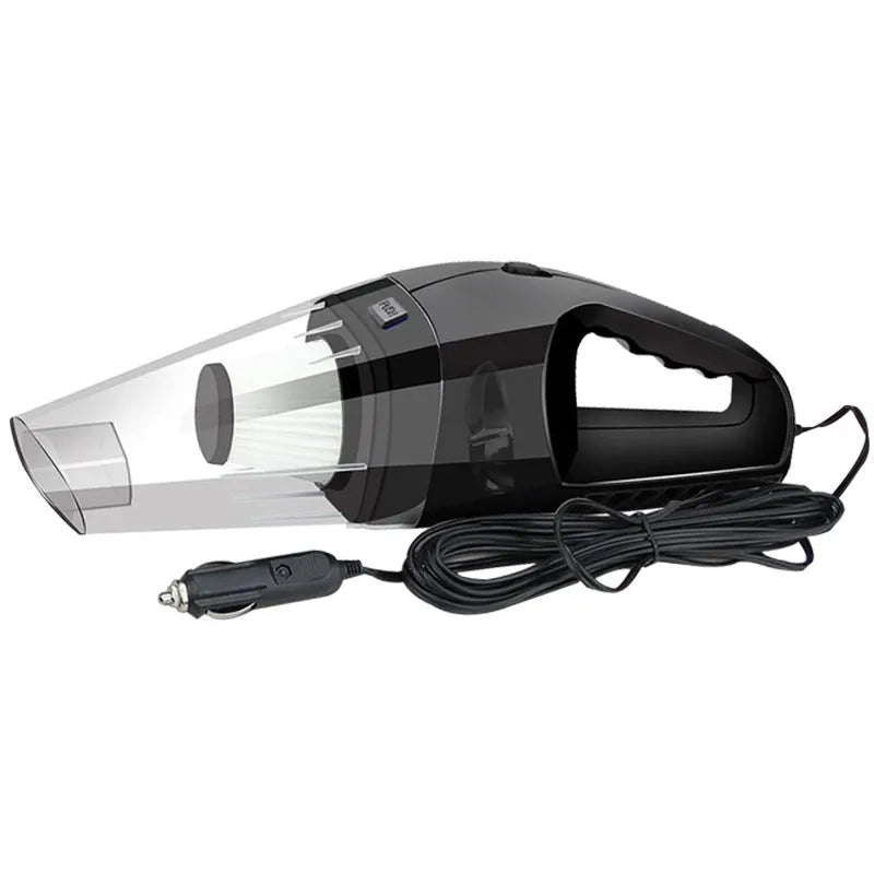 Orange 12V handheld car vacuum cleaner with nozzle attached, showing compact design.