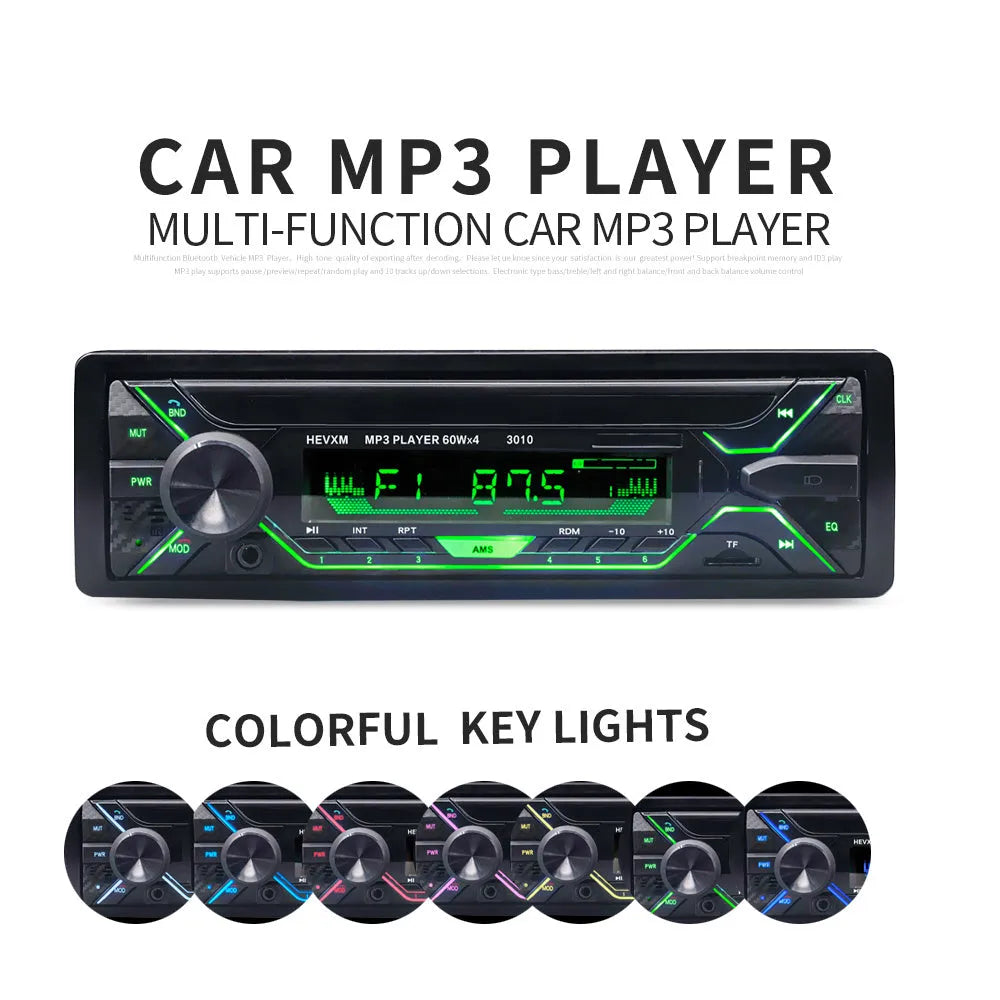 Car radio MP3 player with Bluetooth, USB port, TF card slot, LCD display, and front panel controls