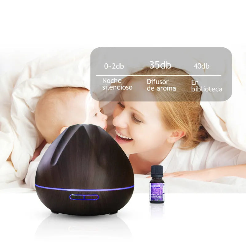 Air humidifier aromatherapy machine with 500ml capacity in dark wood finish on a table