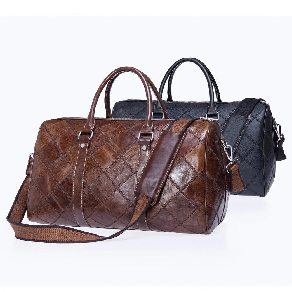 Men's vintage leather duffel bag in black showing internal phone and ID pockets.