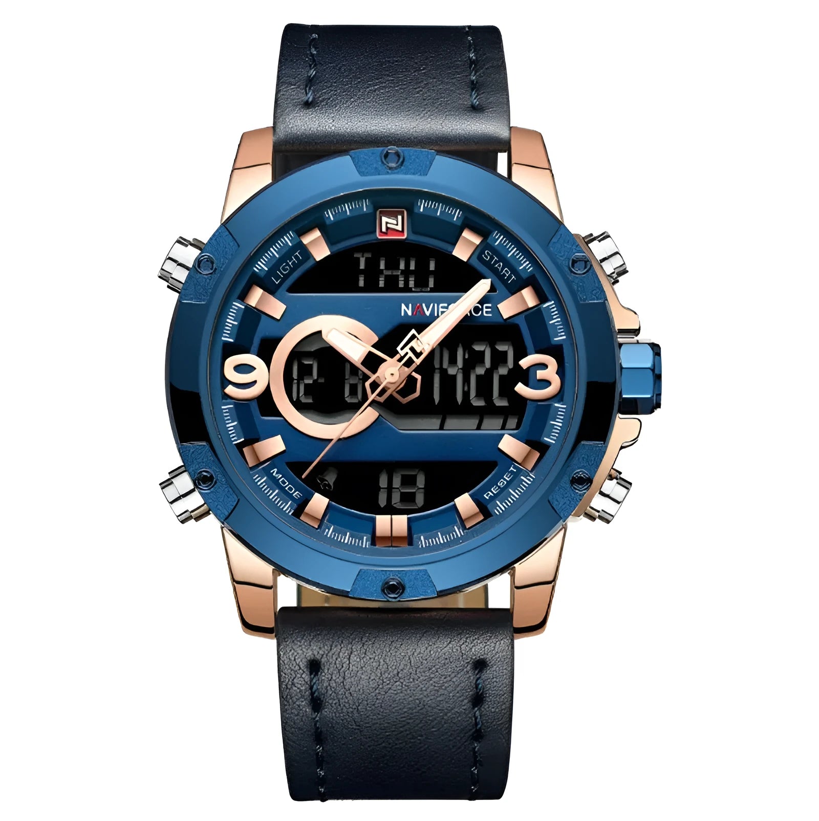 Men's leather digital army military sport watch with 46.5mm round alloy case and pin buckle