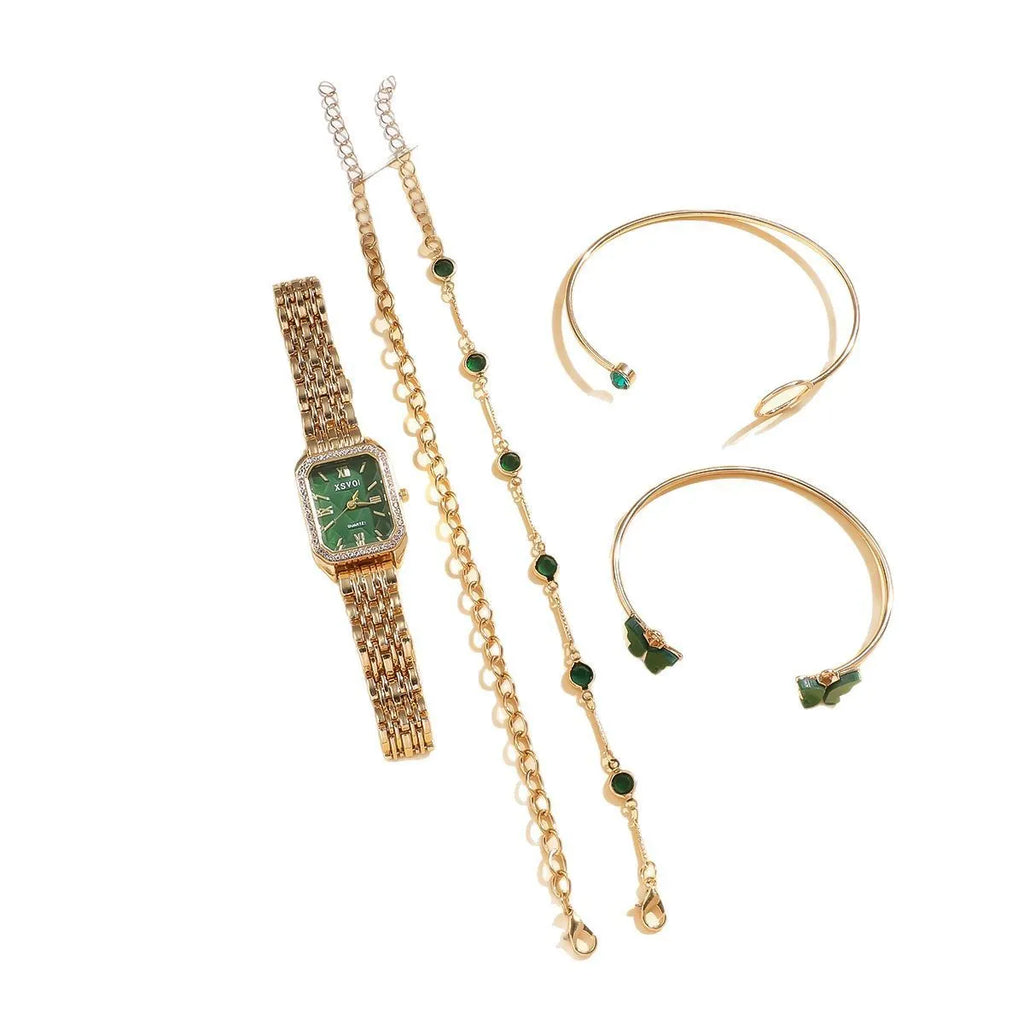 Gold Green square alloy watch and four matching butterfly bracelets laid out as a five-piece set.