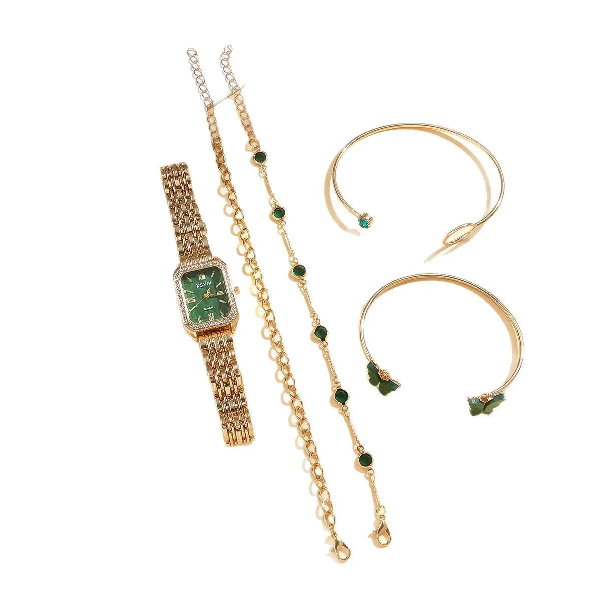 Gold Green square alloy watch and four matching butterfly bracelets laid out as a five-piece set.