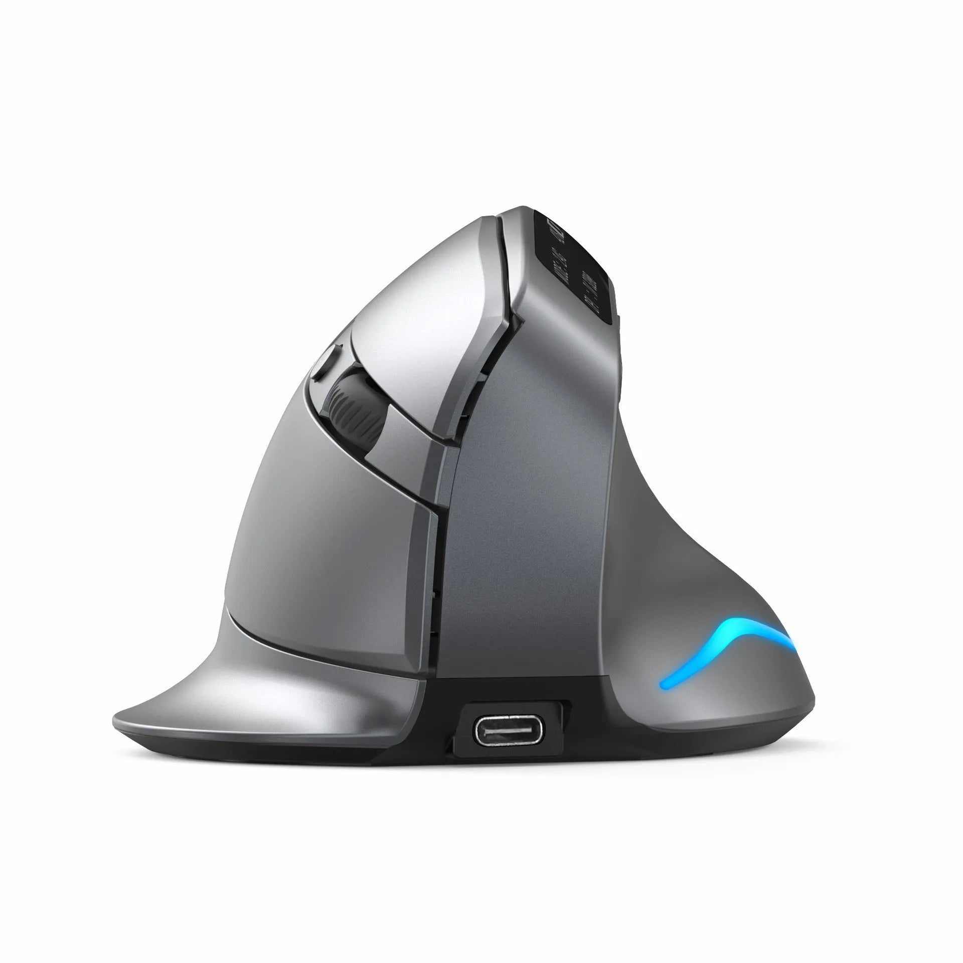 Grey Bluetooth vertical mouse with handheld grip design and wireless charging capability