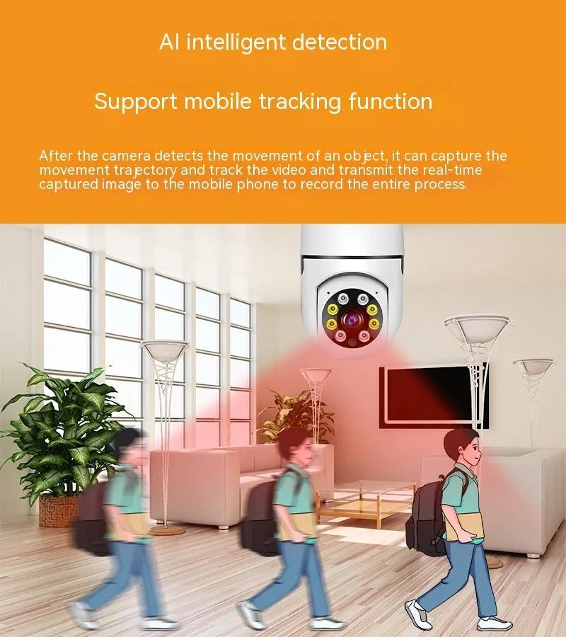 Wireless WiFi bulb security camera with compact design showing 1080p full colour night vision capability
