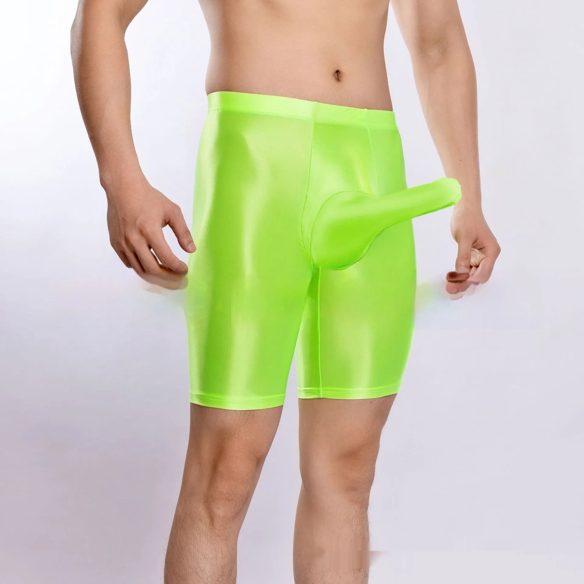 Plus size men's shiny silky nylon sports shorts shown in multiple colours including black, red, and fluorescent green