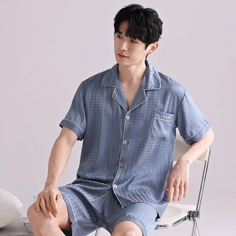 Men's ice silk pajama set with satin jacquard plaid pattern in cardigan style and shorts