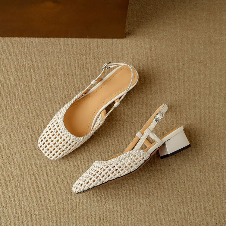 Women's woven hollow-out sandals with closed toe, 4cm chunky heel, and belt buckle fastening in beige colour