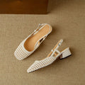 Women's woven hollow-out sandals with closed toe, 4cm chunky heel, and belt buckle fastening in beige colour