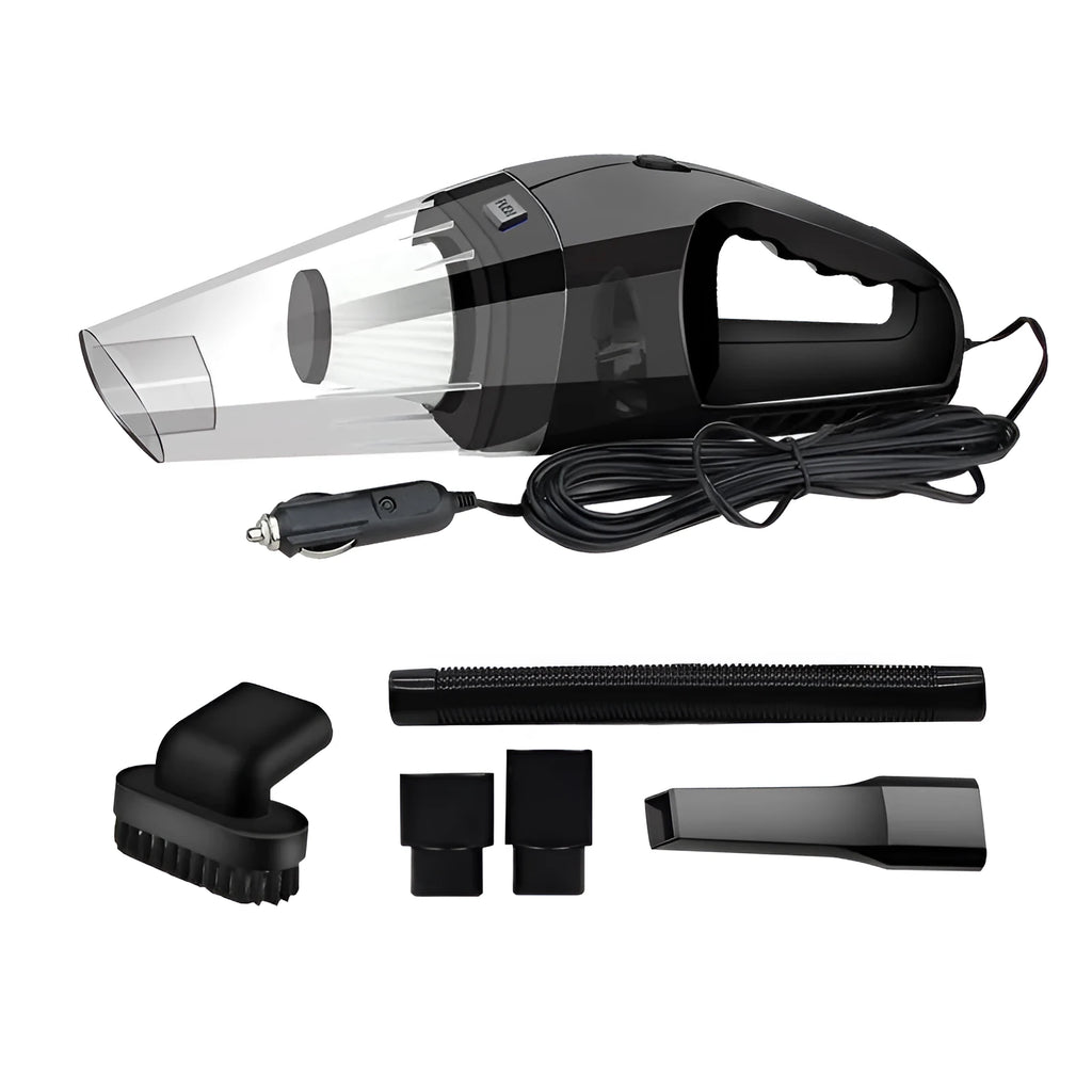 Orange 12V handheld car vacuum cleaner with nozzle attached, showing compact design.