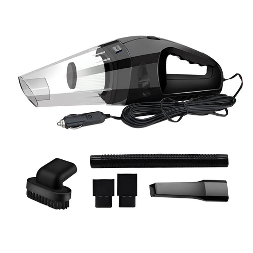 Orange 12V handheld car vacuum cleaner with nozzle attached, showing compact design.