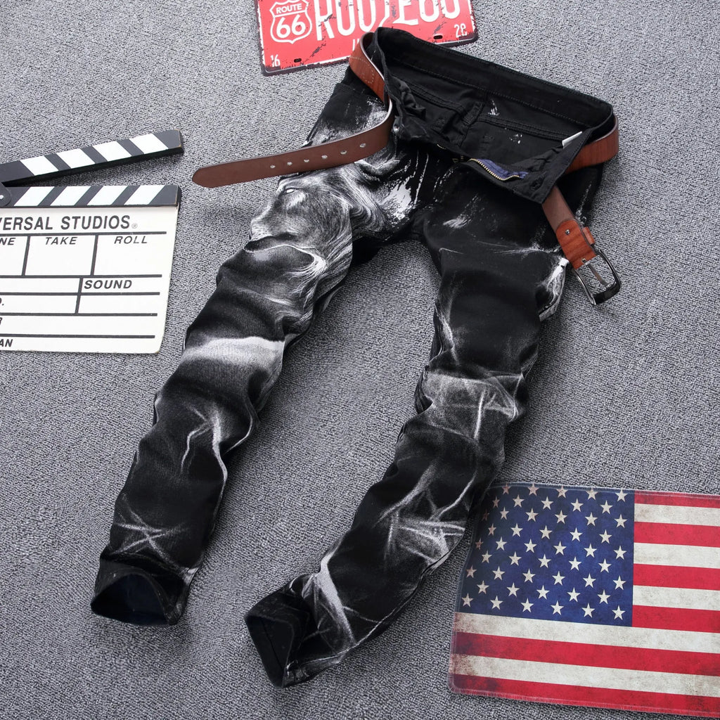 Men's black wolf print jeans with realistic wolf head design on cotton denim fabric