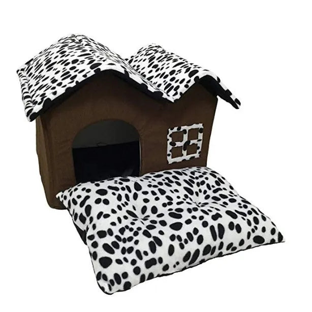 Double top pet house in dark brown corduroy with waterproof Oxford cloth, 55x40x42cm dimensions