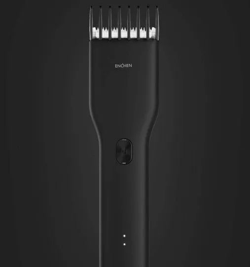 Black cordless electric hair clipper with adjustable length comb and ceramic cutter head on a white background