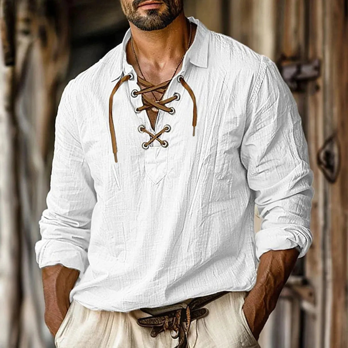 Men's loose fit linen blend shirt with lace detail on lapels, in solid blue colour.