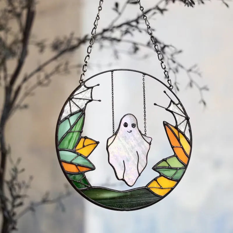 Halloween witch metal pendant with skull chain details, 20cm diameter, retro style