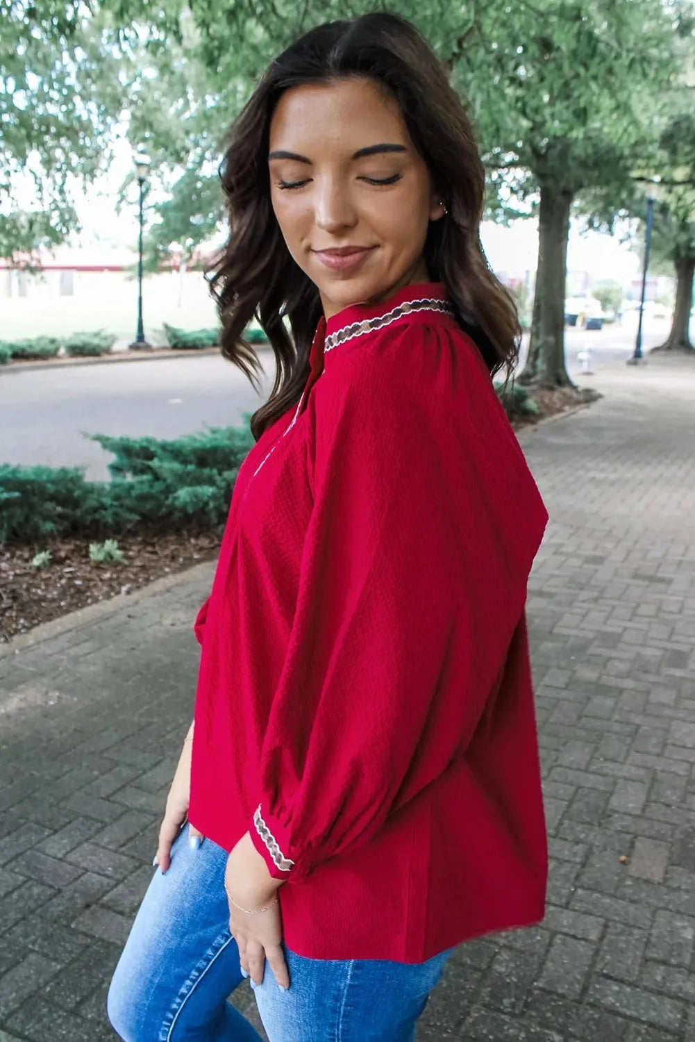 Women's red embroidered collar printed shirt loose fit pullover top polyester