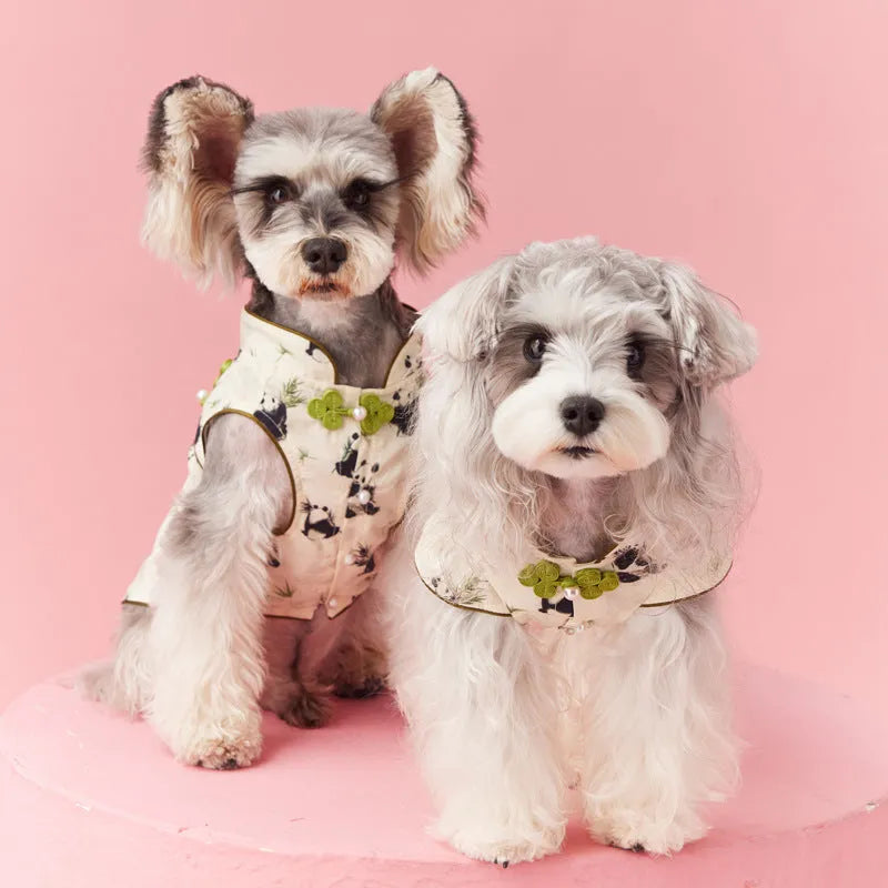 Chinese style sleeveless panda vest for small dog, polyester pet clothing with pendant