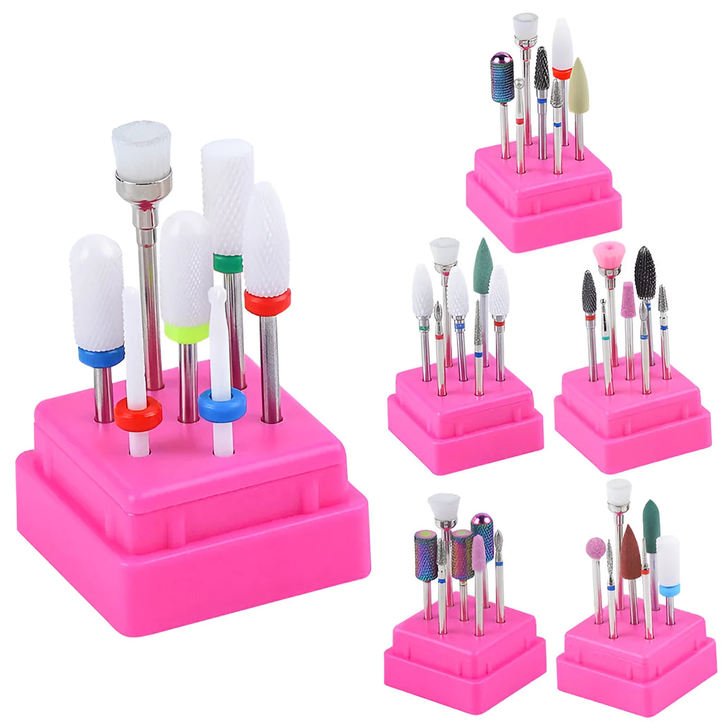 Tungsten steel nail drill polishing head set with 6 bits and 1 brush in transparent case