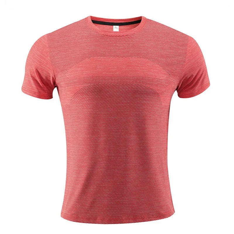 Short-sleeved red polyester spandex sports T-shirt for running and basketball.