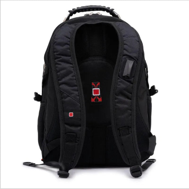 Black business laptop backpack showing multiple compartments and organiser pockets.